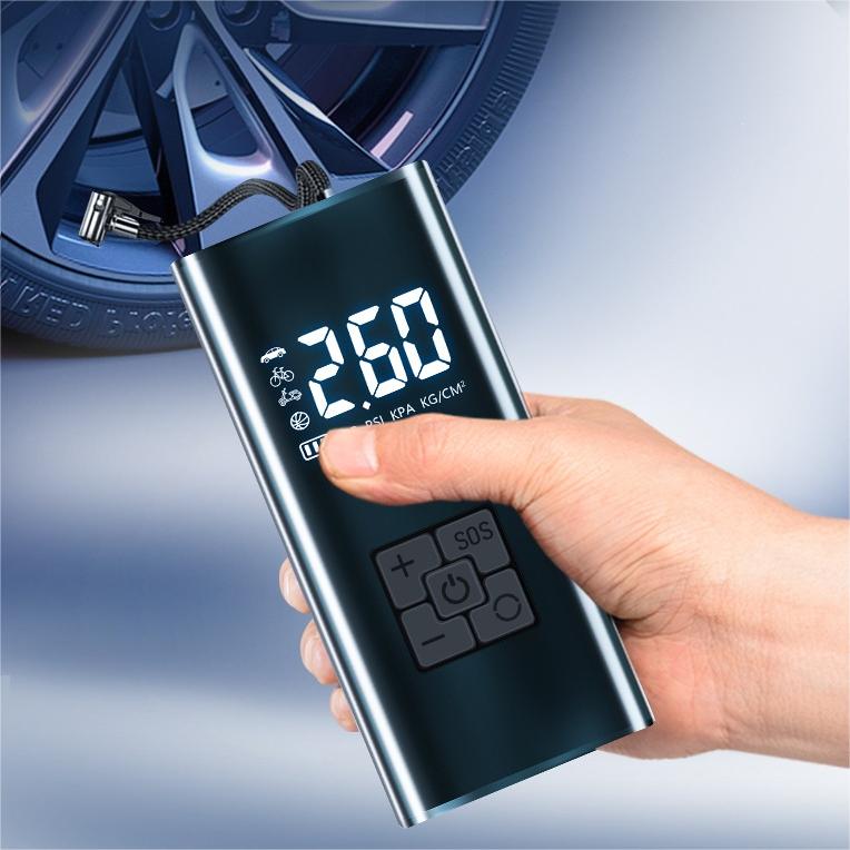 타이어 공기압 주입기 휴대용 무선 올인원 세트 6000mAh 타이어 압력 모니터링/led손전등/보조배터리/자동차 농구공 자전거 오토바이 다용도에어펌프, 블랙, 1세트